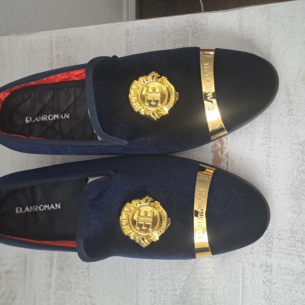 Blue and Gold Velvet Loafers with Medallion